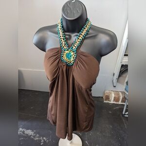 Large Women's Brown Beaded Papaya Halter Top